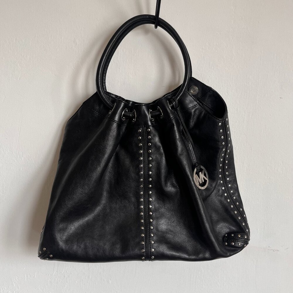 Michael Kors 2004 Astor Studded Black Leather Carryall Large Tote Double Handles